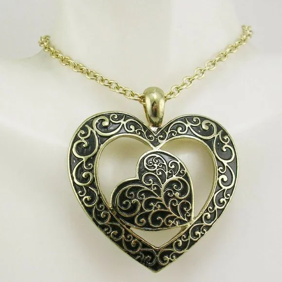 Joan Rivers Necklace Earring Set Etched Hearts Gold & Black NIB 18" Perfect - Picture 3 of 7